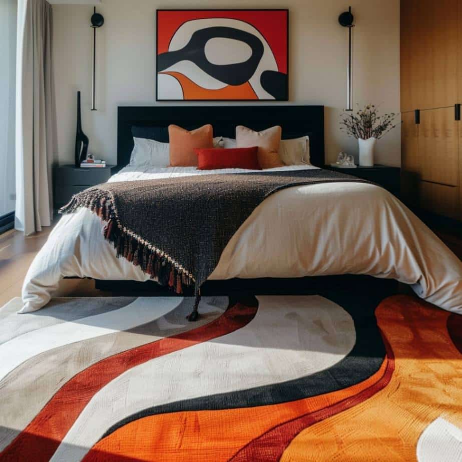 A bedroom decorated with a bold rug