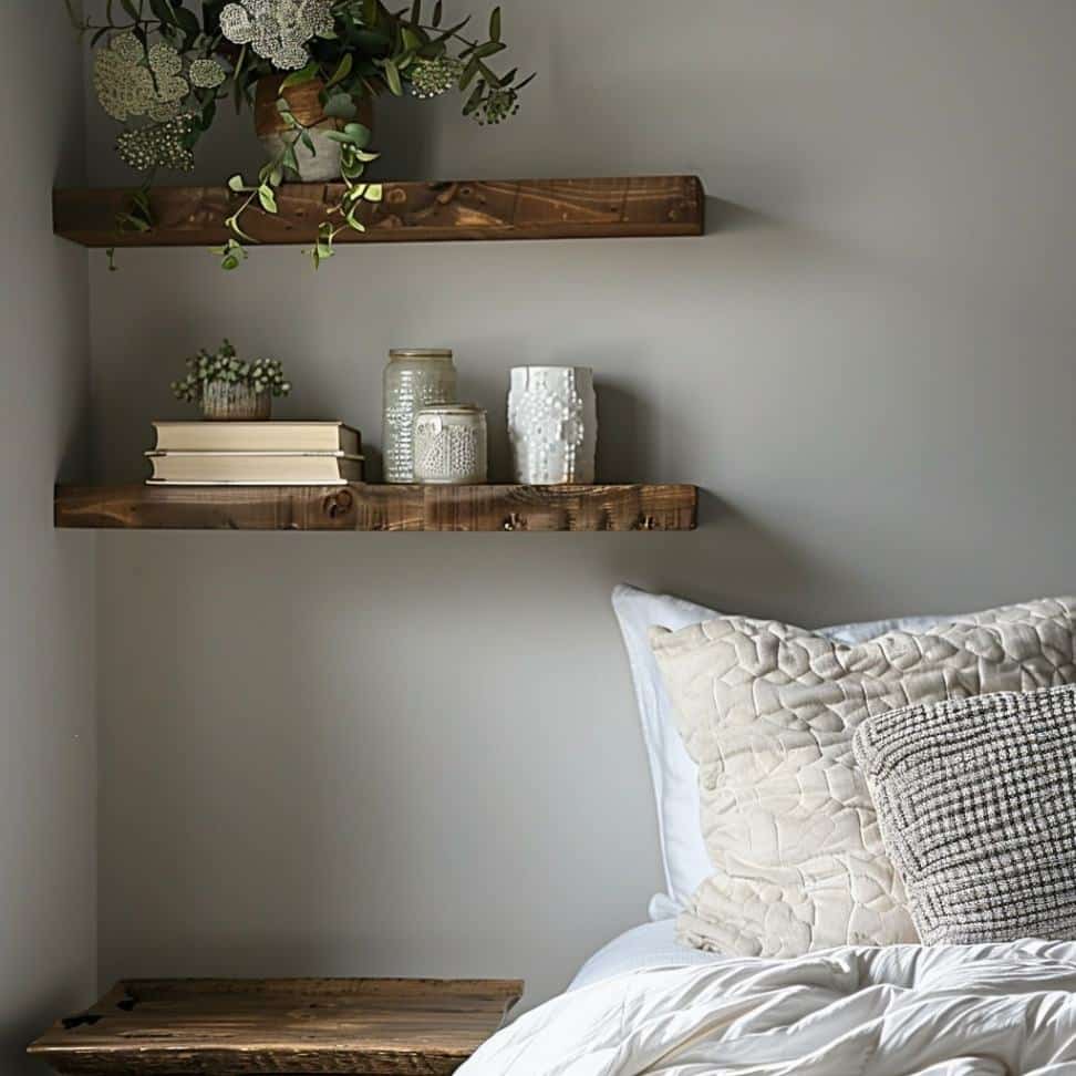 Floating shelves on a bedroom corner