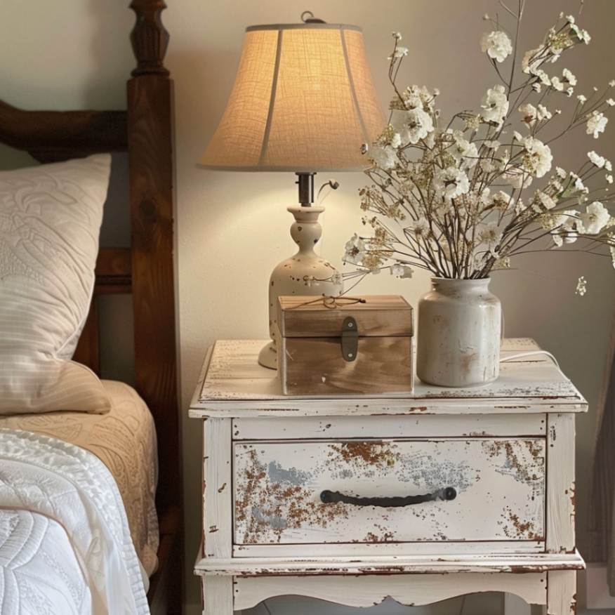 A vintage nightstand with a decorative box and vase with flowers