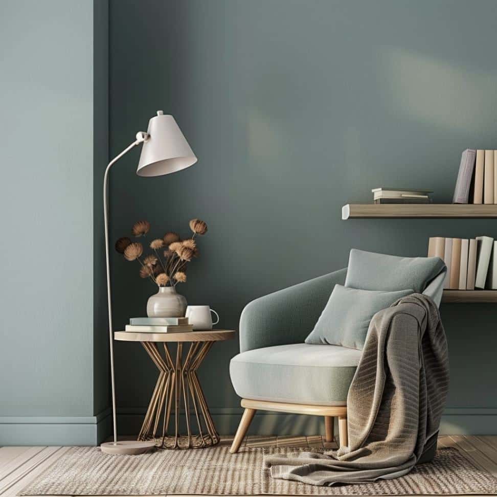 Reading corner with books, a chair, a table and a lamp