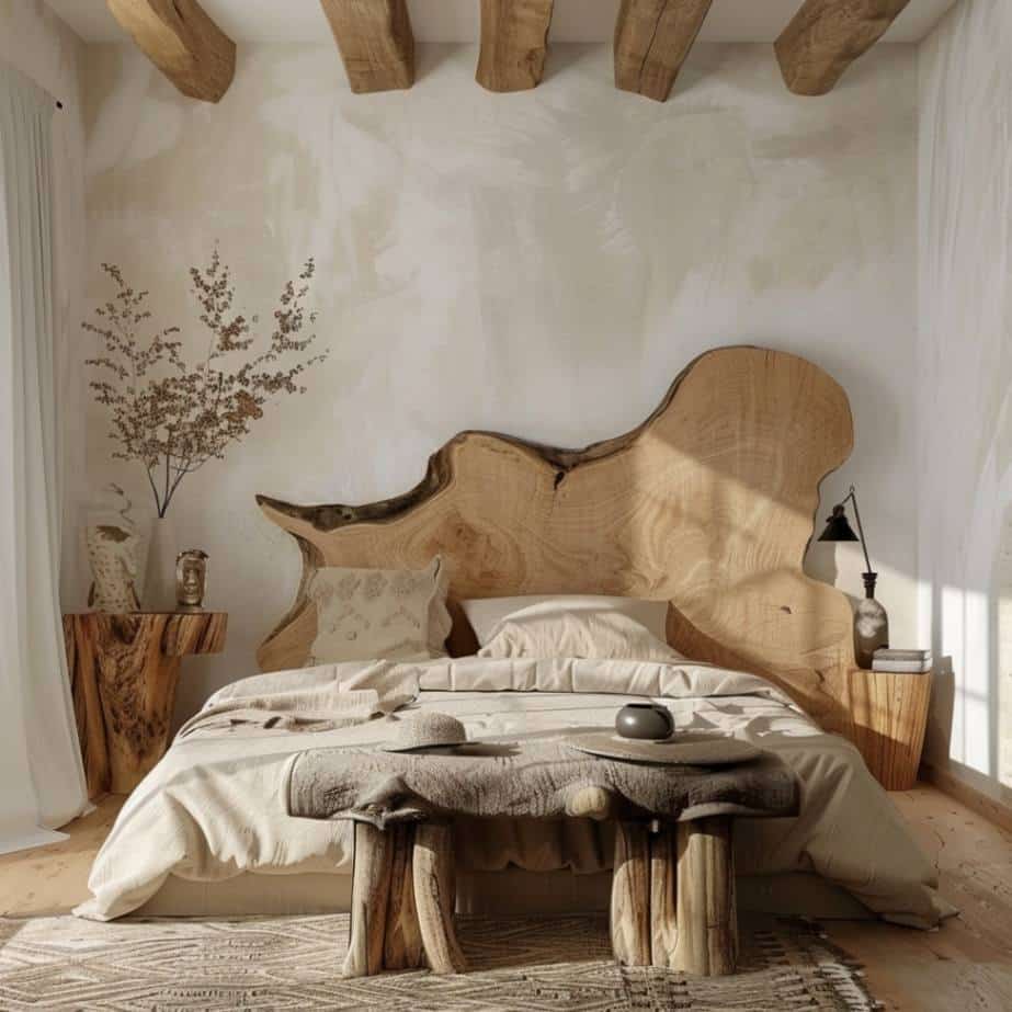 Bedroom with a bed and a big wooden headboard