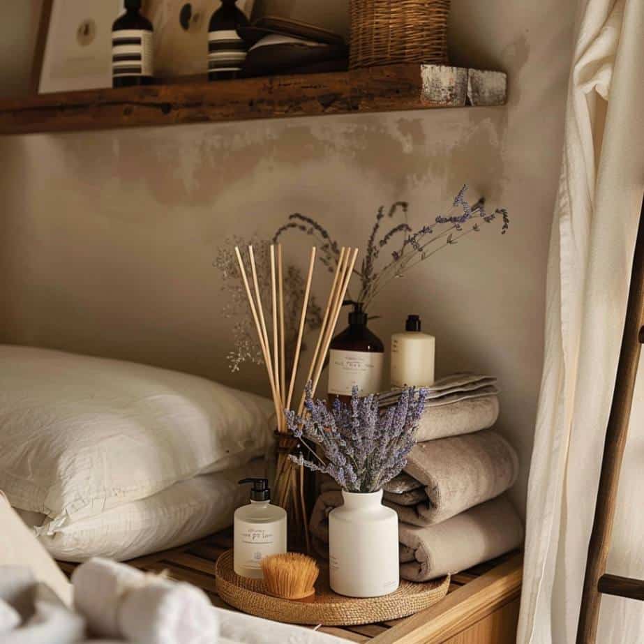 A scented diffuser, lavender flowers and towels on a tray for a bedroom refresh