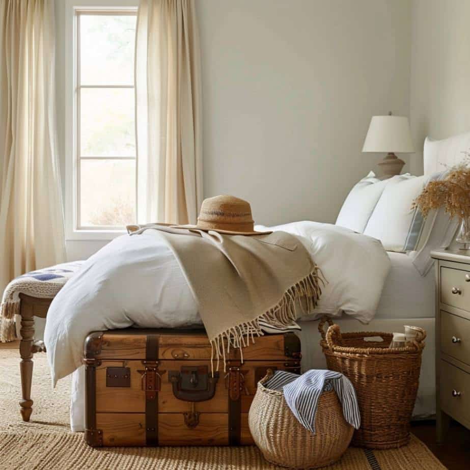 Bedroom with a bed, a trunk, and baskets