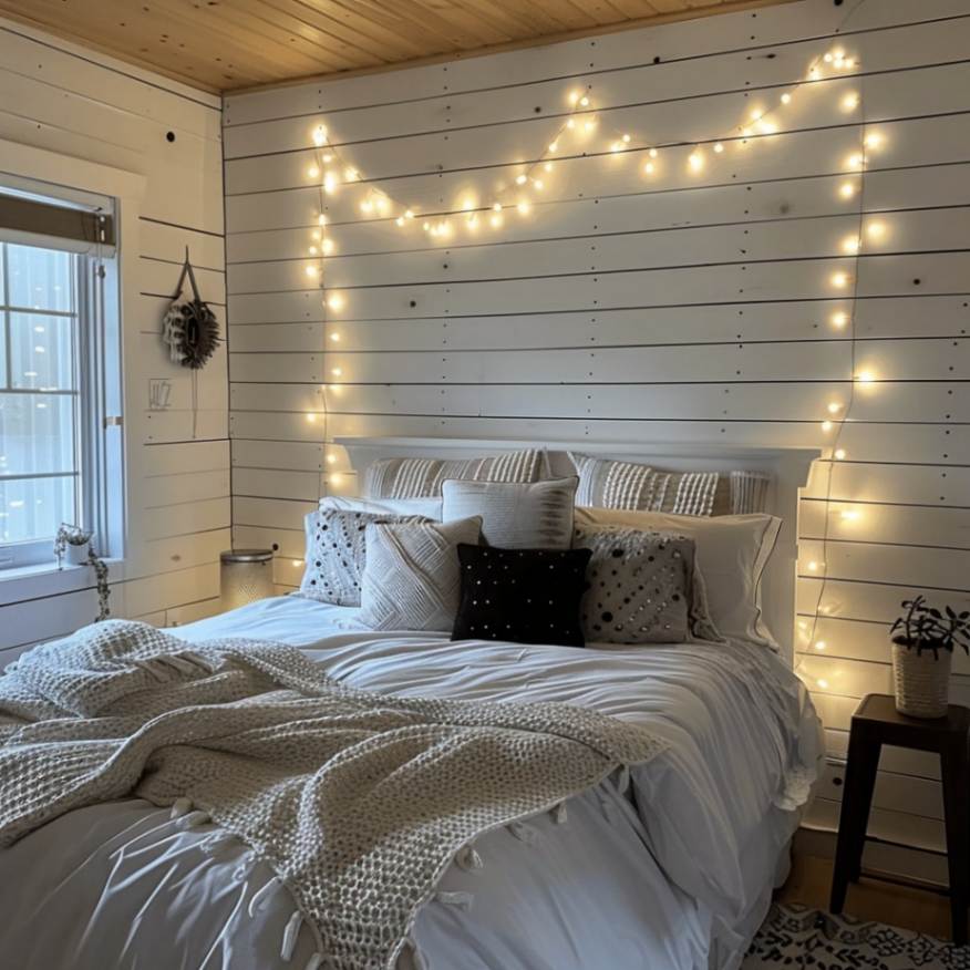 A bedroom with a bed with string lights on the wall