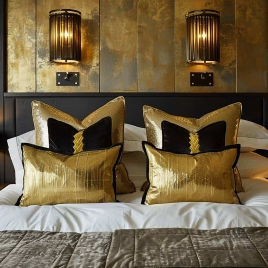 A bedroom decorated with metallic accents