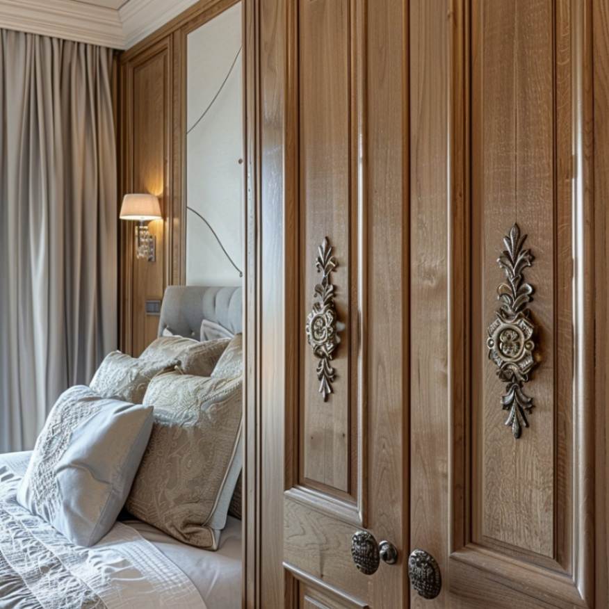 Bedroom with a wardrobe with metal handles