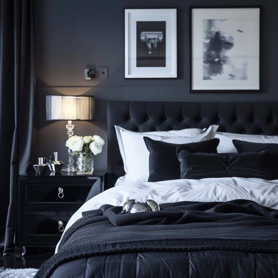 A bedroom decorated in black and white