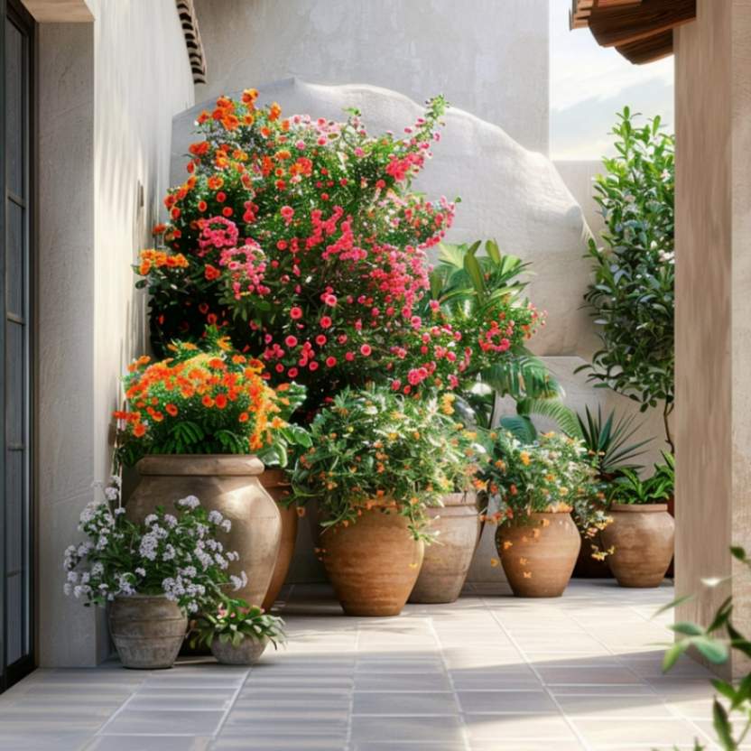 Big potted flowers and plants in a backyard corner