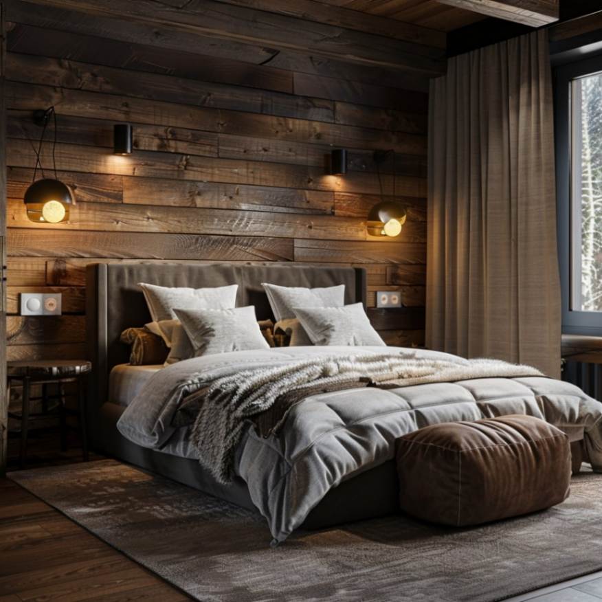 Rustic bedroom with lighs on the wall