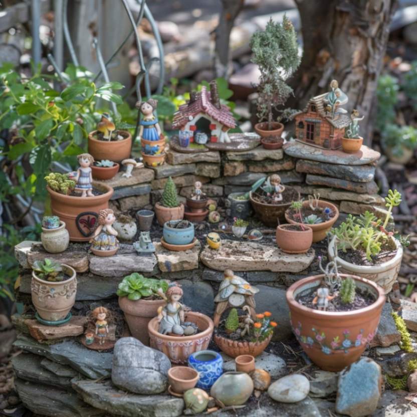 Fairy garden made with recycled household items