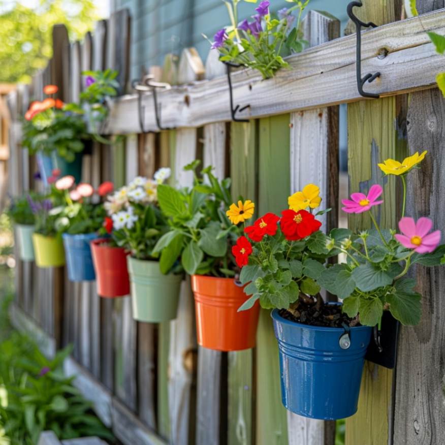 Colorful flower pots hanged from the backyard garden fence