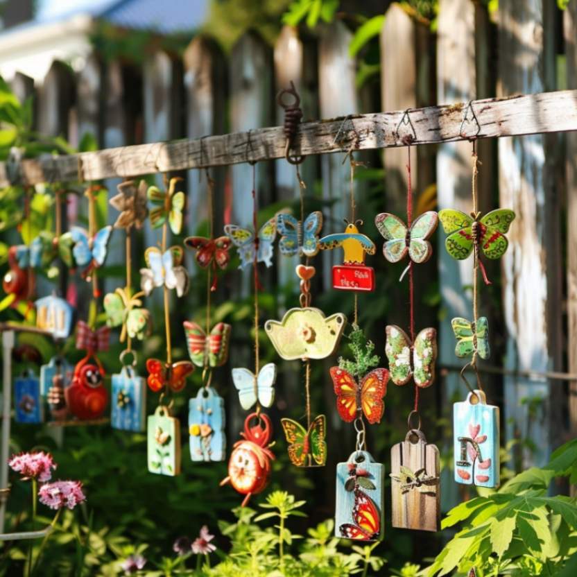 A garden fence with colorful ornaments like butterflies and garden signs