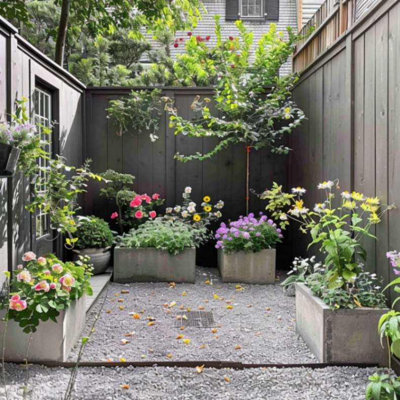 Gravel underneath big planters with flowers in a small backyard