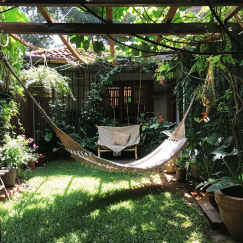 A hammock with greenery in a backyard garden