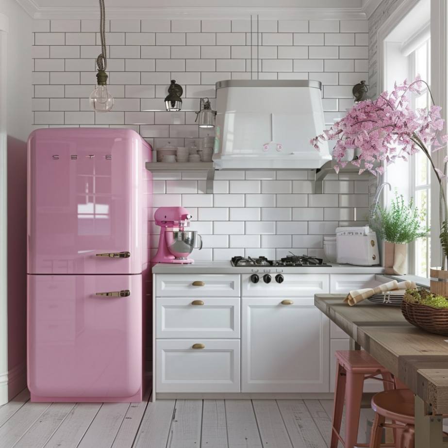 kitchen with retro pink accesories decor