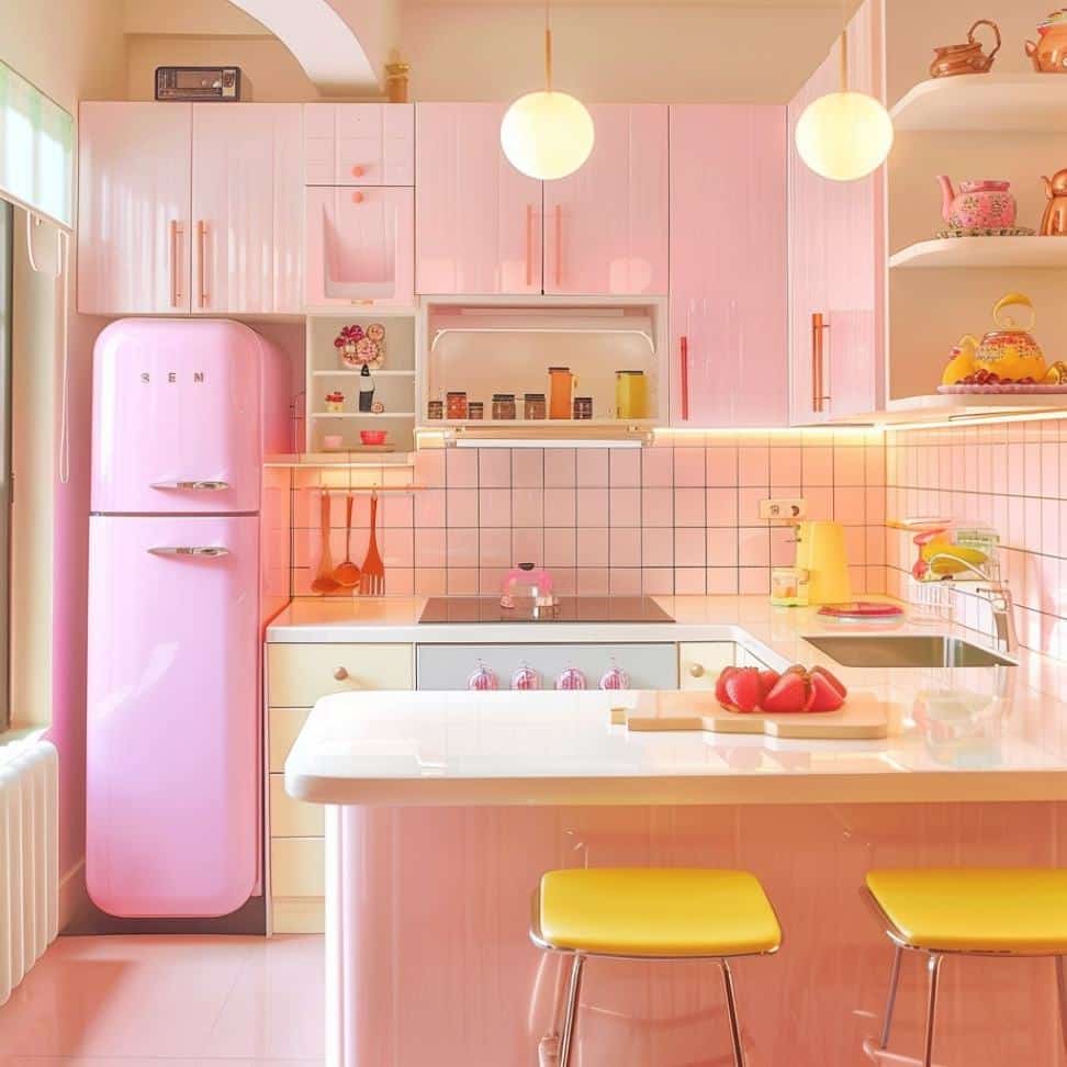 kitchen with retro pink accesories ideas