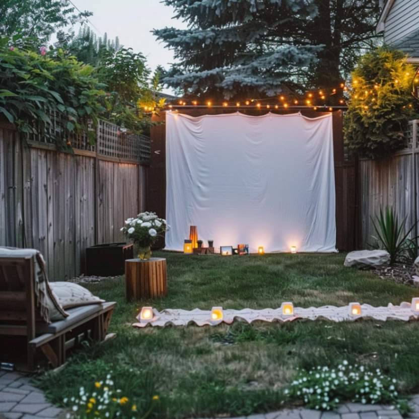 DIY Backyard outdoor movie screen in backyard