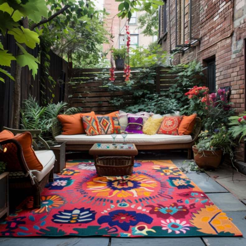 Colorful outdoor rug and cushions in a backyard garden