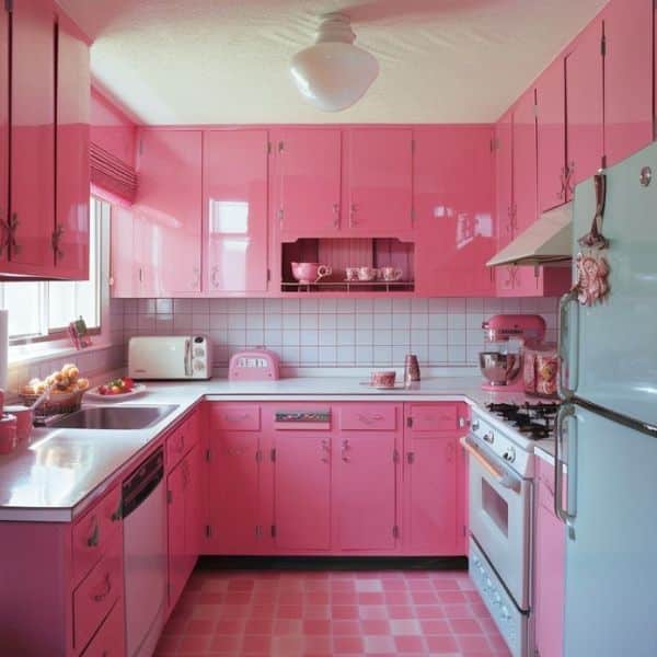 Bright pink retro kitchen with glossy pink cabinets, matching countertops, and pink-tiled floor. Vintage-style appliances include a light blue fridge and a pink mixer, creating a nostalgic atmosphere.