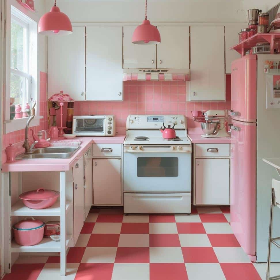 retro kitchen with touches of pink decor