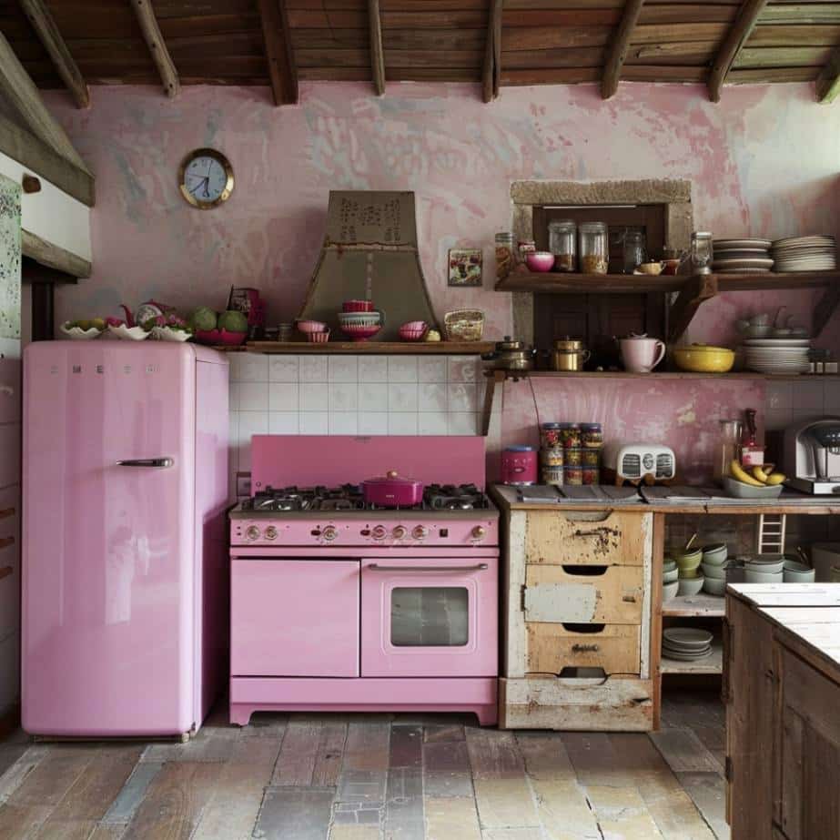 rustic retro pink kitchen