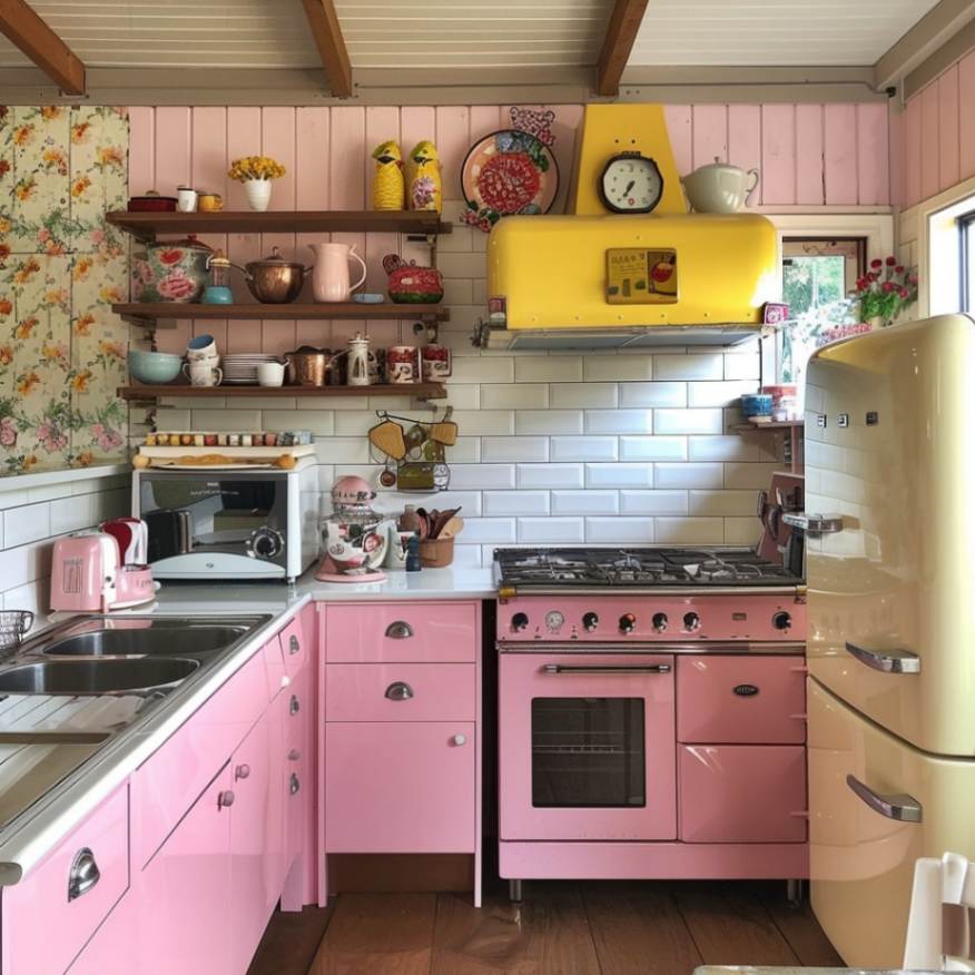 rustic retro pink kitchen decor