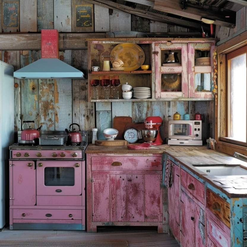 rustic retro pink kitchen decor ideas