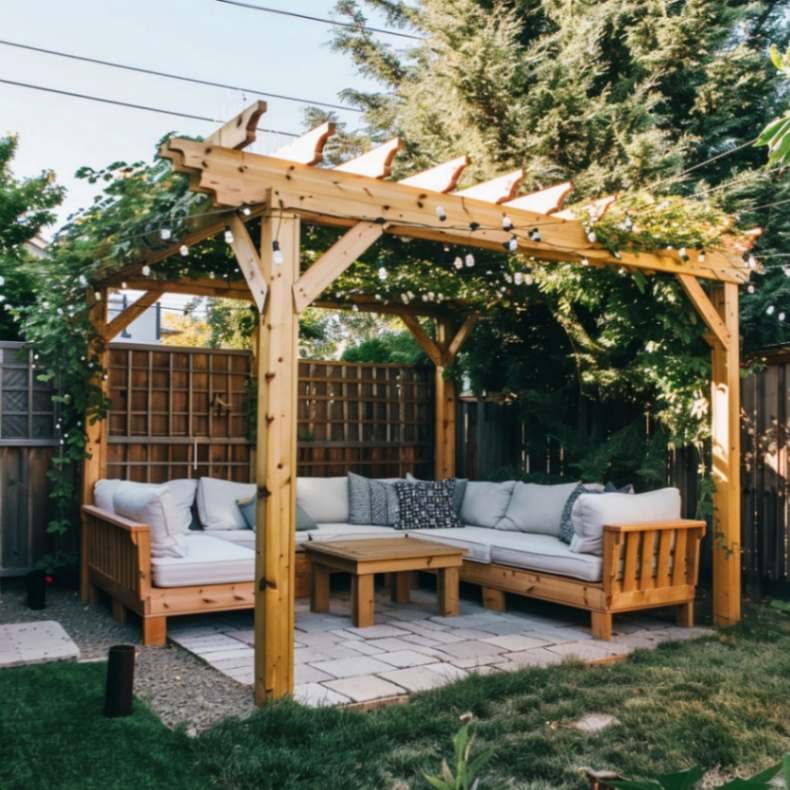 Easy DIY pergola with garden furniture in a backyard