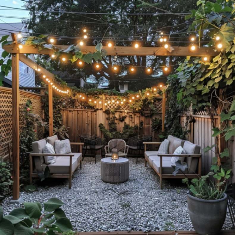 String lights on a backyard with garden furniture