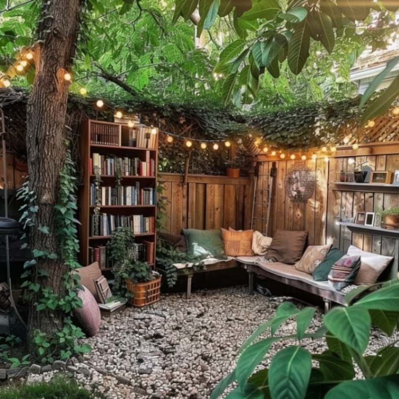 A reding corner with books and string lights in a backyard