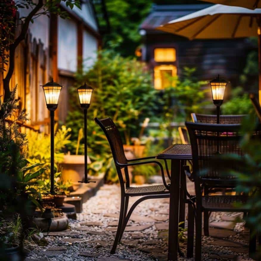 Solar lights and garden furniture in a backyard