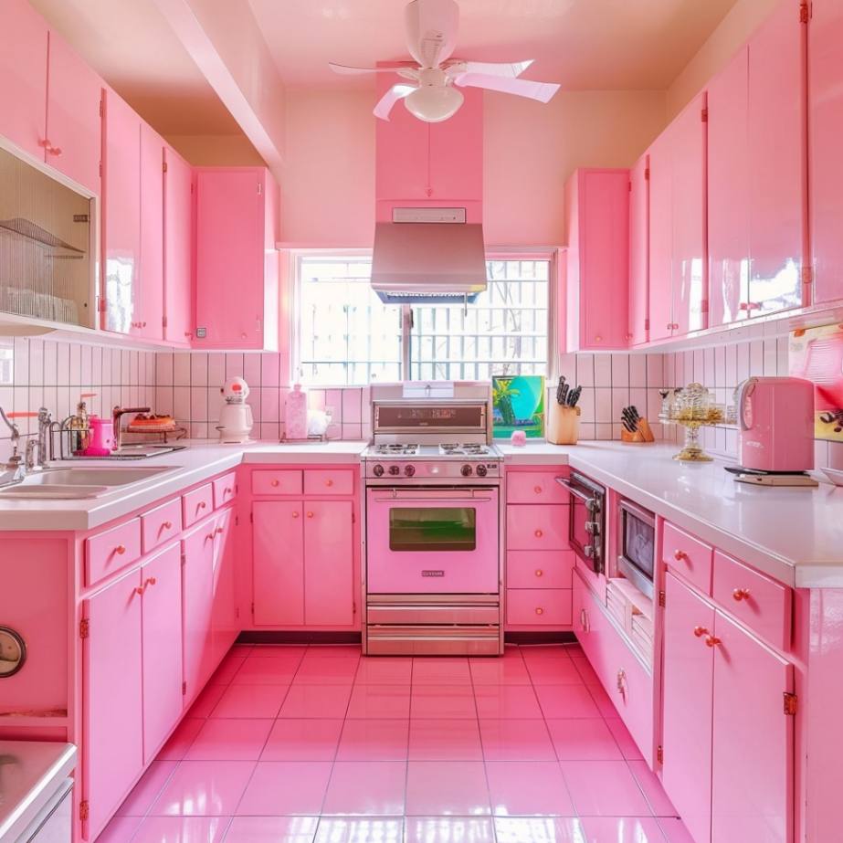 vibrant retro pink decorated kitchen