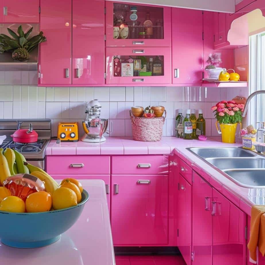 vibrant retro pink kitchen