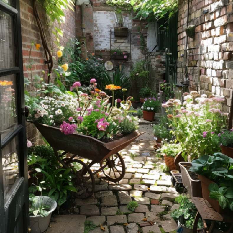 A wheelbarrow used as a garden sorrounded with flowers on a small patio