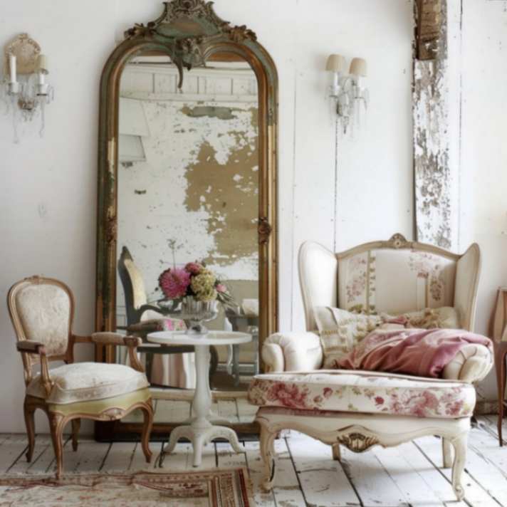 Large mirror with upholstered chairs