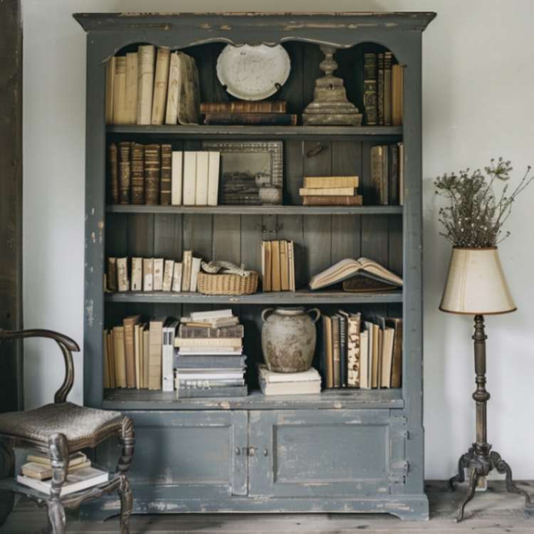 Open armoire with books and vases