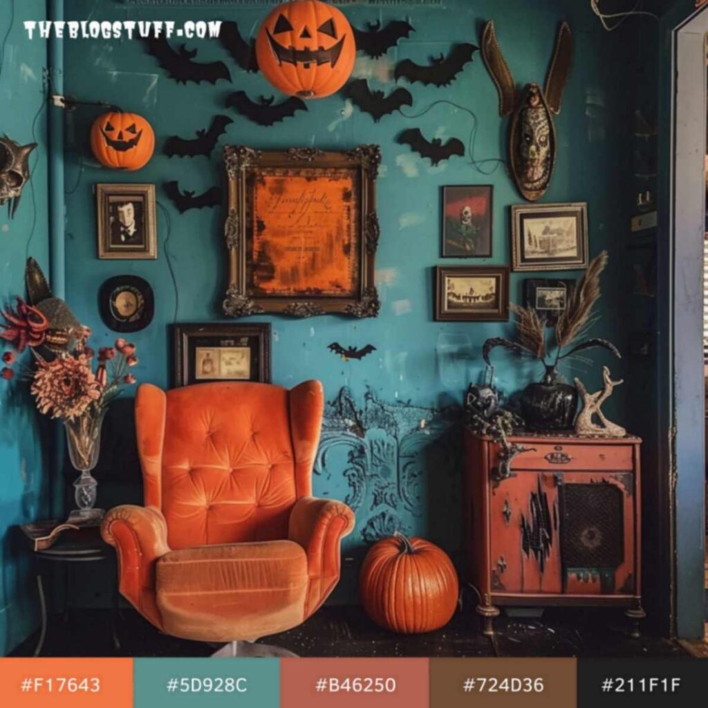 Living room decorated for Halloween in retro style