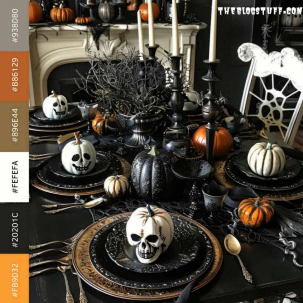 Halloween dinning table color scheme with skulls , black cuttlery, pumpkins and candles