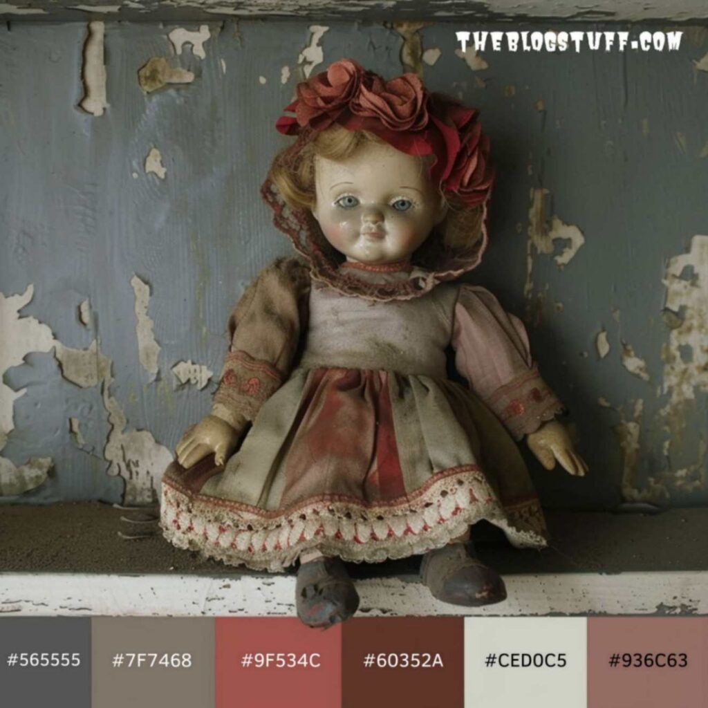 Color palette for Halloween with a creepy doll on a shelf