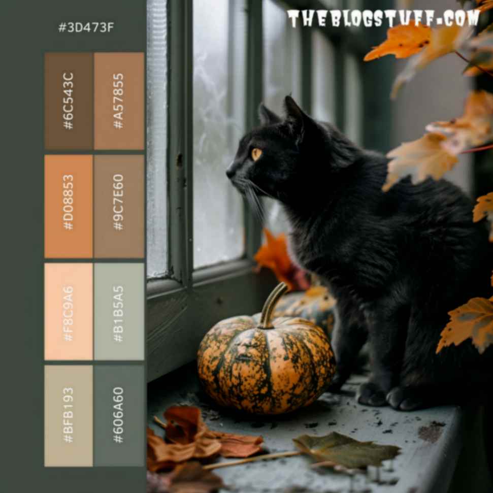 Halloween color palette with a black cat on a windowsill a pumpkin and leaves