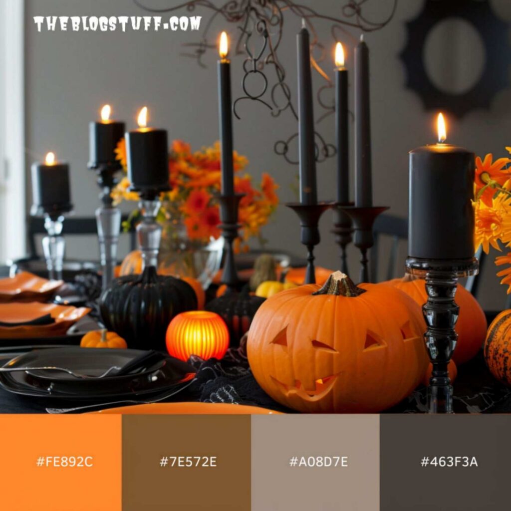 Halloween table decoration with candles, pumpkins and cuttlery with a color palette