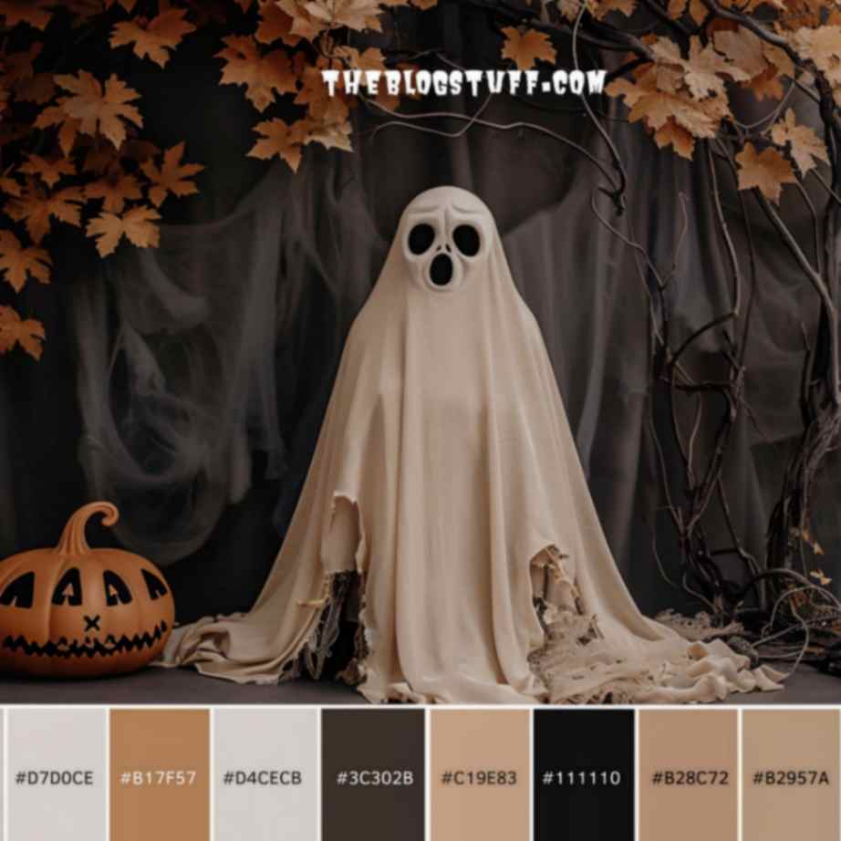 Halloween color scheme with a ghost, a pumping and leaves on branches