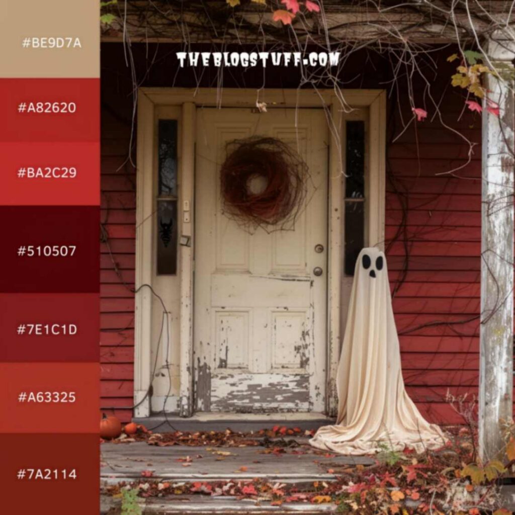 Halloween porch decorated with a ghost, a door wreath and floor leaves