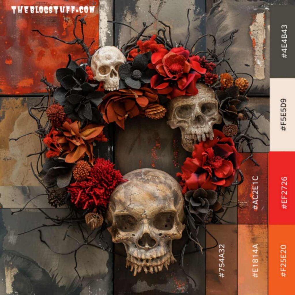 Halloween color palette with a spooky wreath made with skulls and red and black dry flowers