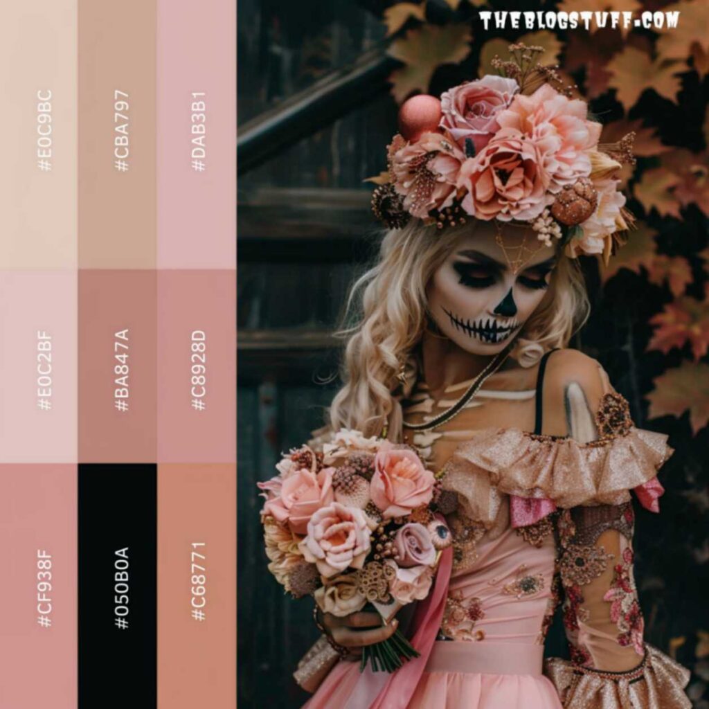 Woman dressed in a pink gold Halloween color scheme with spooky make-up