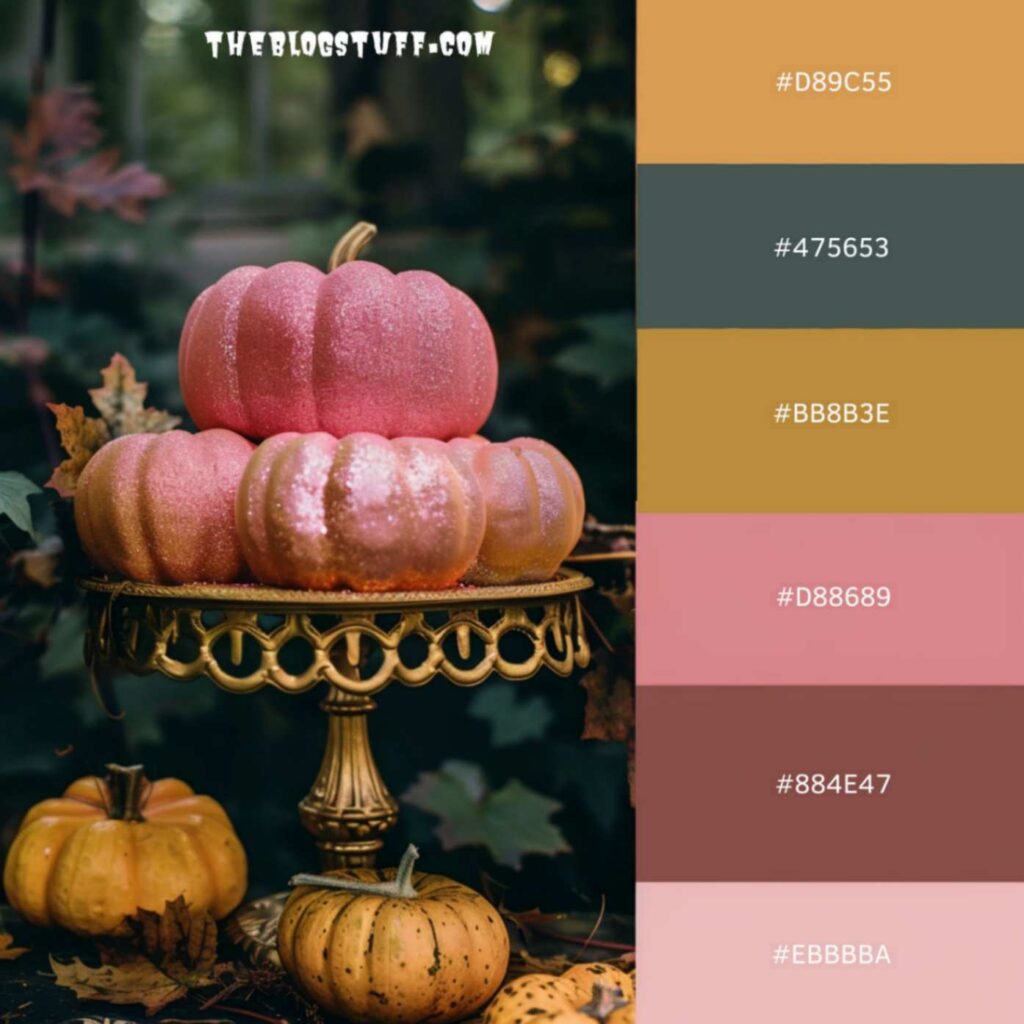 Pink gold pumpkins Halloween tray with a color palette