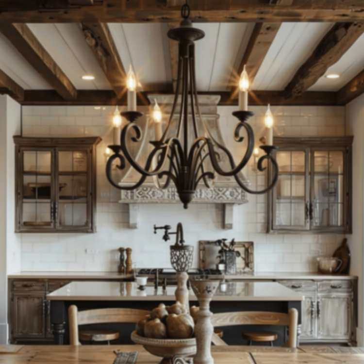 Rustic chandelier with metal finishes in a rustic kitchen