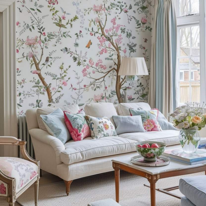 Wallpaper with floral design in living room