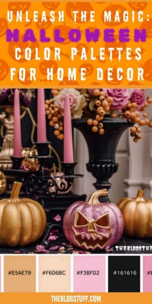 Aesthetic Halloween color palette with hex codes and pink and gold pumpkins and candles