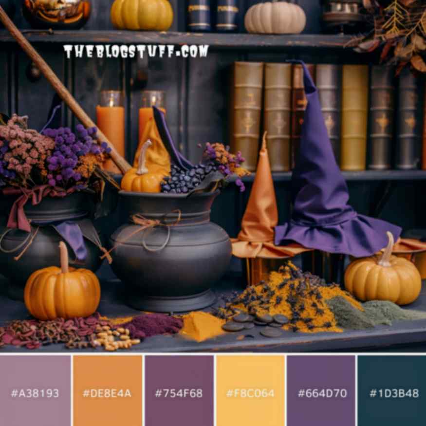 Color palette Halloween decorations: hat witches, broom, candles, books, cauldron and pumpkins